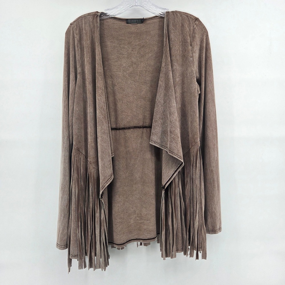 T Party Fringe Cardigan Medium Brown Mineral Wash Western Boho Eclectic Jacket
